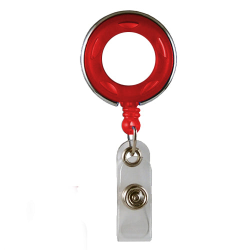 Translucent Plastic Badge Reel with Chrome Finish and Accent Holes - Red