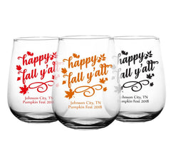 CUSTOMIZABLE Stemless Wine Glass - Happy Fall Y'all - 17 ounce