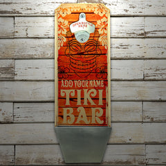CUSTOMIZABLE Wall Mounted Wood Plaque Bottle Opener & Cap Catcher - Vintage Tiki Bar