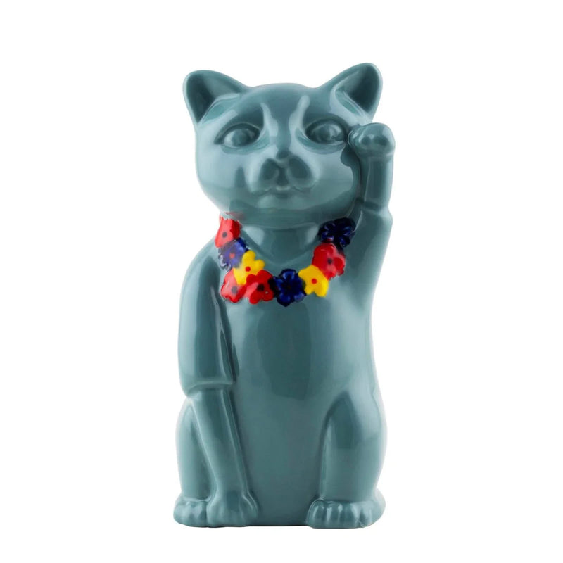 Blue ceramic cat figurine with a colorful bead necklace on a white background
