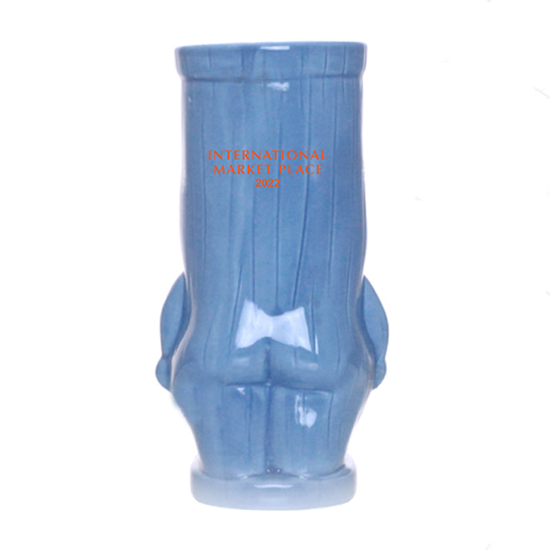 Blue ceramic boot with 'International Market Place' text on a white background