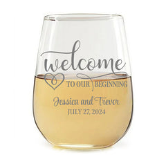 Personalized Wedding Stemless Wine Glasses - 12 ounce - Welcome to our Beginning