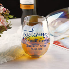 Personalized Wedding Stemless Wine Glasses - 12 ounce - Welcome to our Beginning