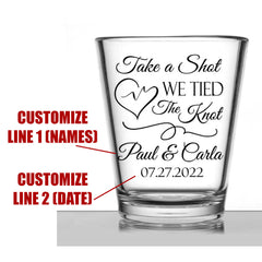 Personalized Wedding Shot Glasses, Take A Shot We Tied The Knot - Scribble Heart