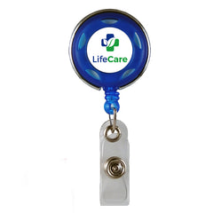 Translucent Plastic Badge Reel with Chrome Finish and Accent Holes - Blue