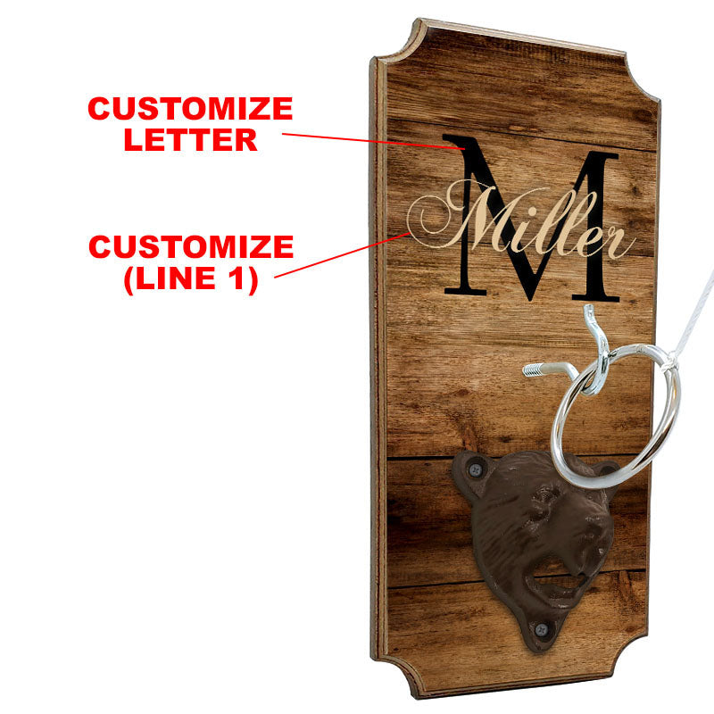 CUSTOMIZABLE Wall Mounted Ring Toss Game with Bottle Opener - Name Monogram Design