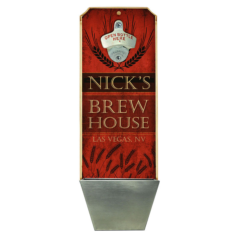 Custom Wall Mounted Wood Plaque Bottle Opener and Cap Catcher - Brew House