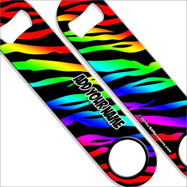 "ADD YOUR NAME" SPEED Bottle Opener – Zebra Patterns – Several Color Options - Rainbow