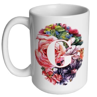 CUSTOMIZABLE 15 ounce Coffee Mug - MONOGRAM - Waterpaint Flowers