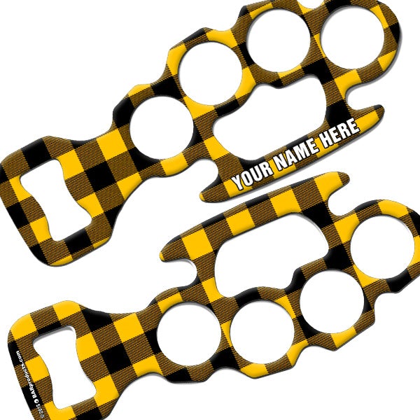 ADD YOUR NAME Knuckle Buster Bottle Opener - Yellow Hipster Plaid